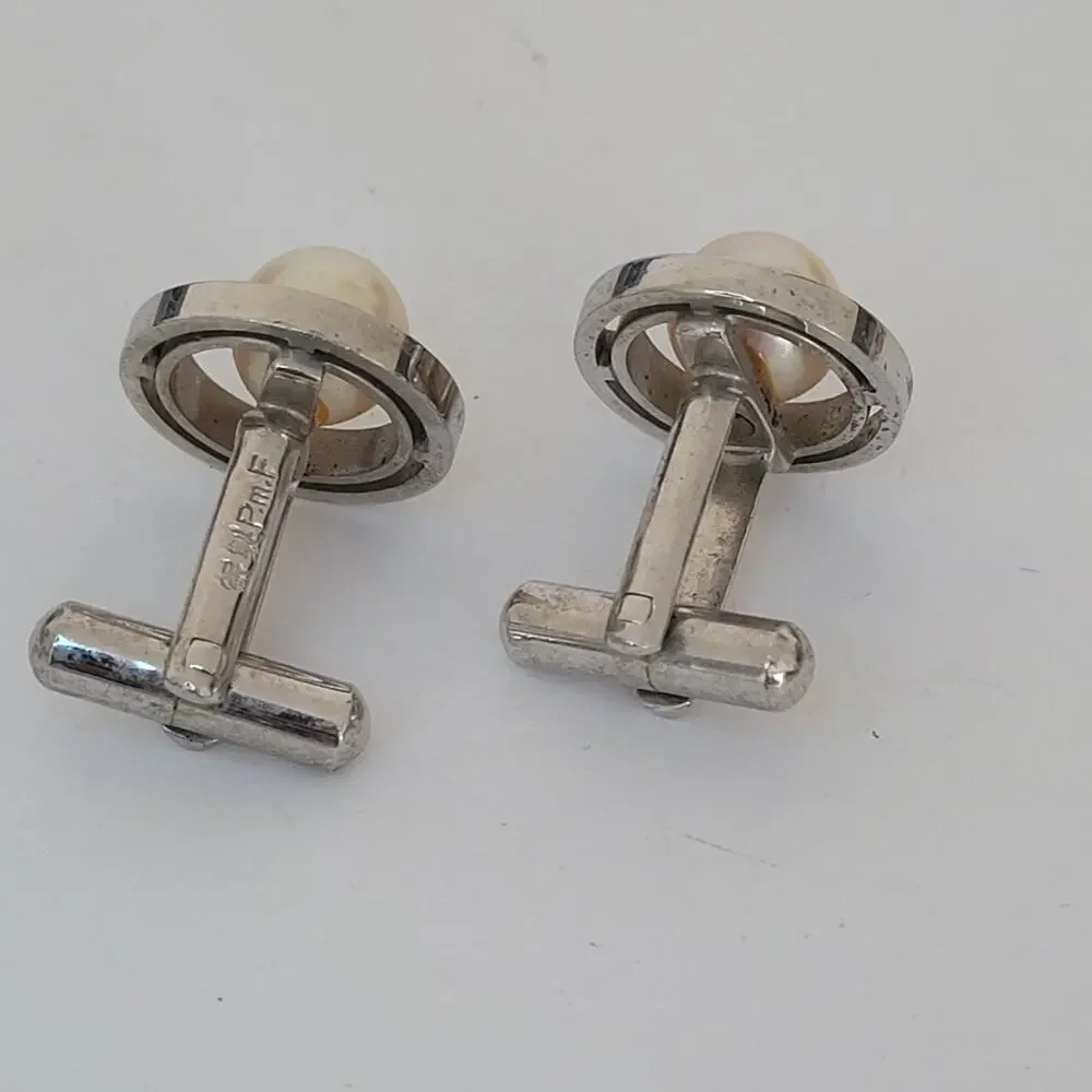 Grandea Sterling Silver Cufflinks with Geniue Acoya Pearl Silver Tone Round Retr